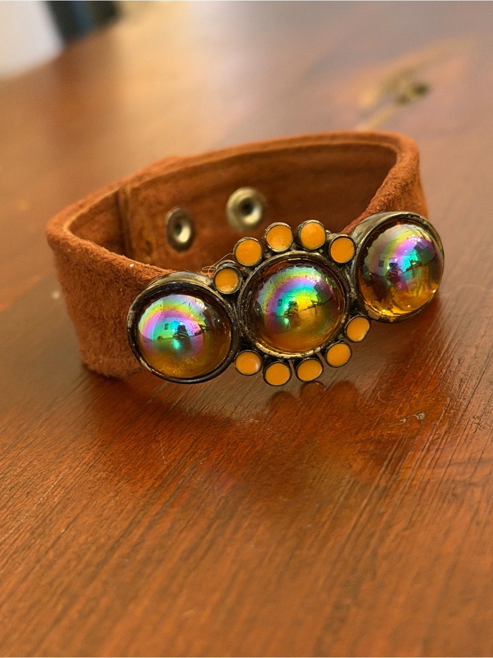 FRED & LOLA Brown Suede Cuff Bracelet with Iridescent Amber Cabochons